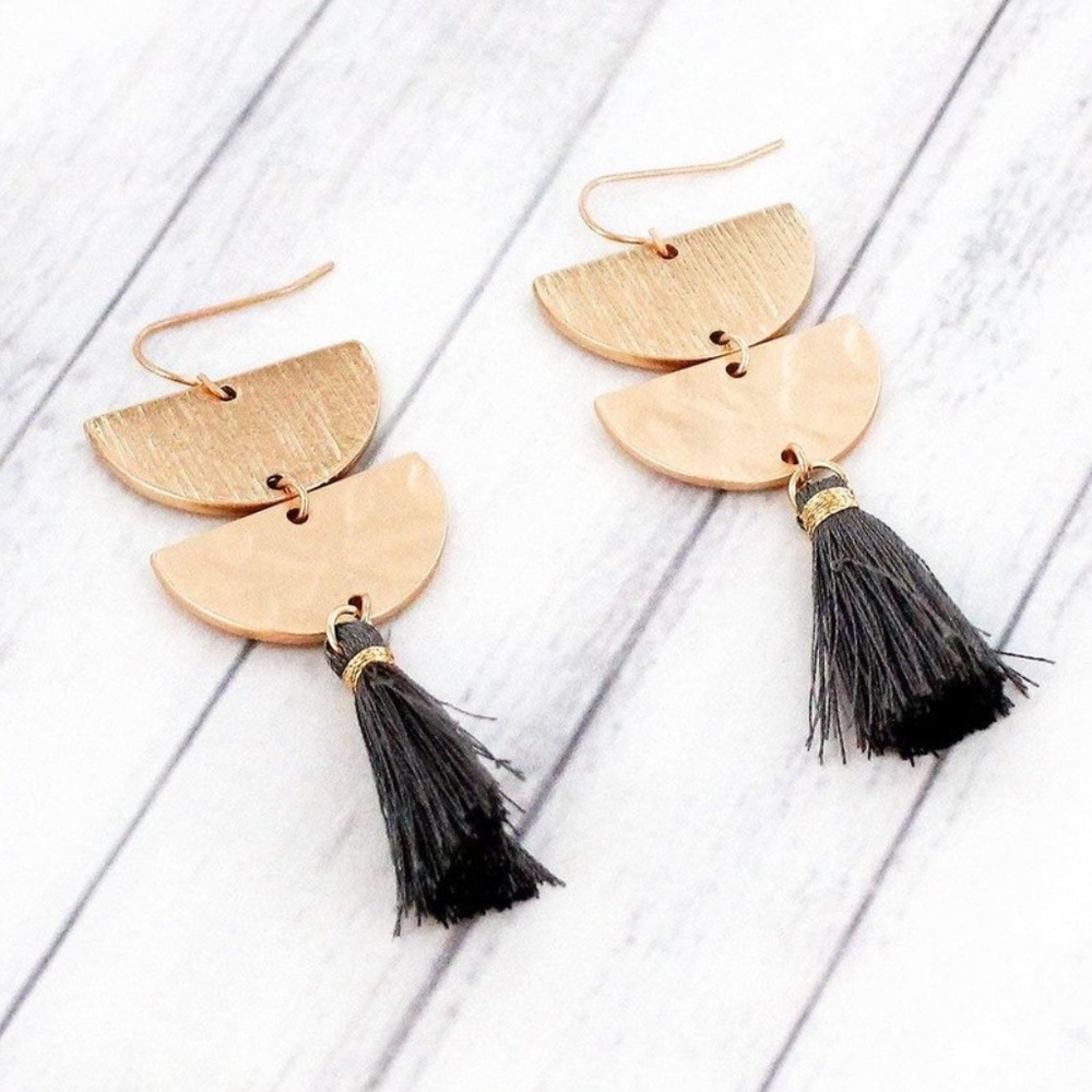 Gold & Black Half Moon Tassel Earrings